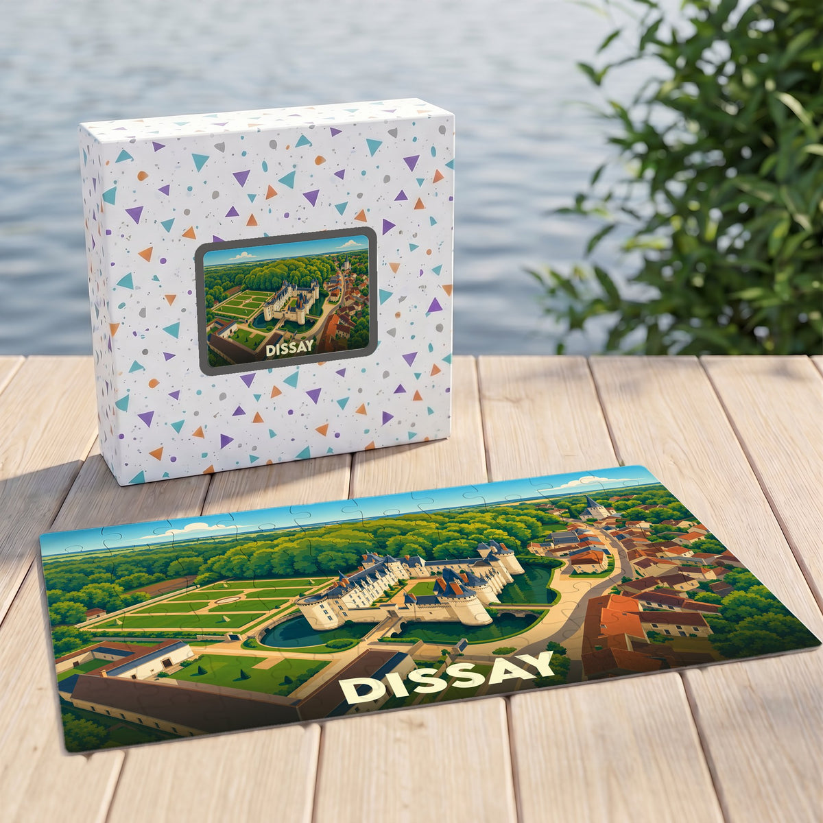 Puzzle souvenir de la ville de Dissay représentant son château et ses paysages dans un style illustré.