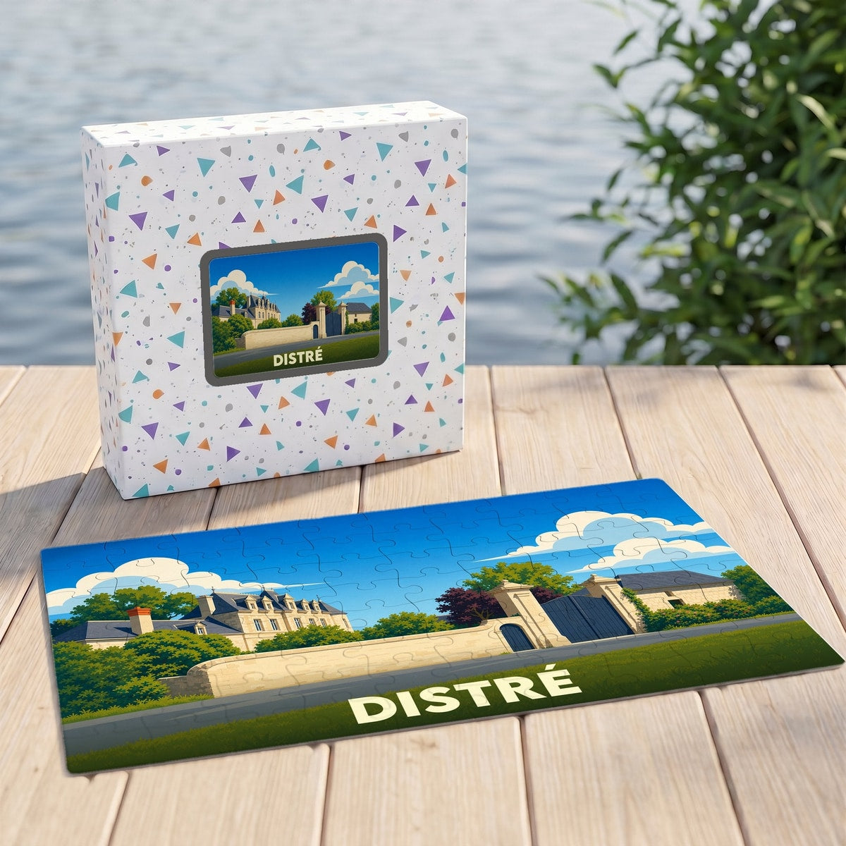 Puzzle souvenir de la ville de Distré avec une illustration stylisée d'un manoir.