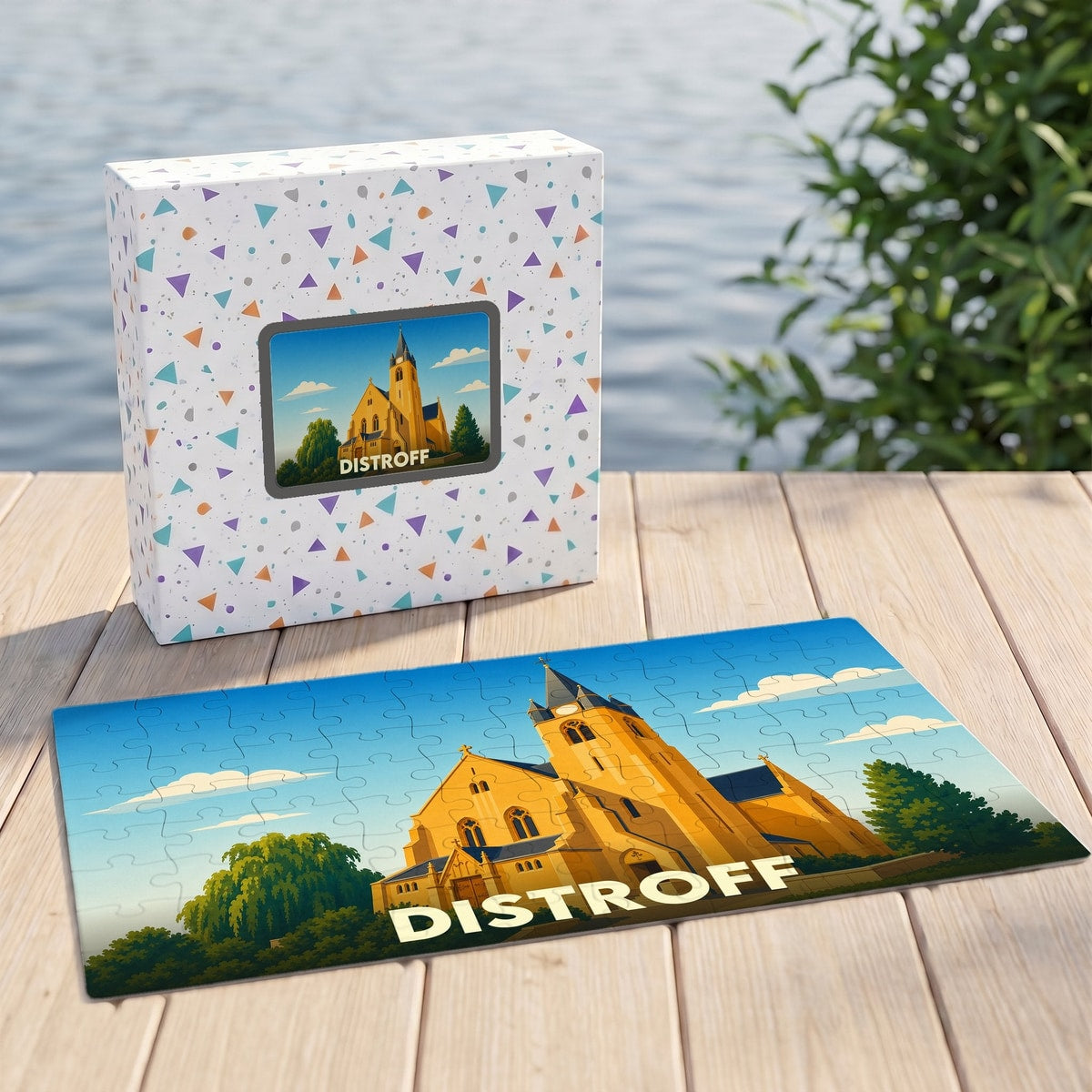 Puzzle souvenir de la ville de Distroff avec une illustration stylisée de son église.