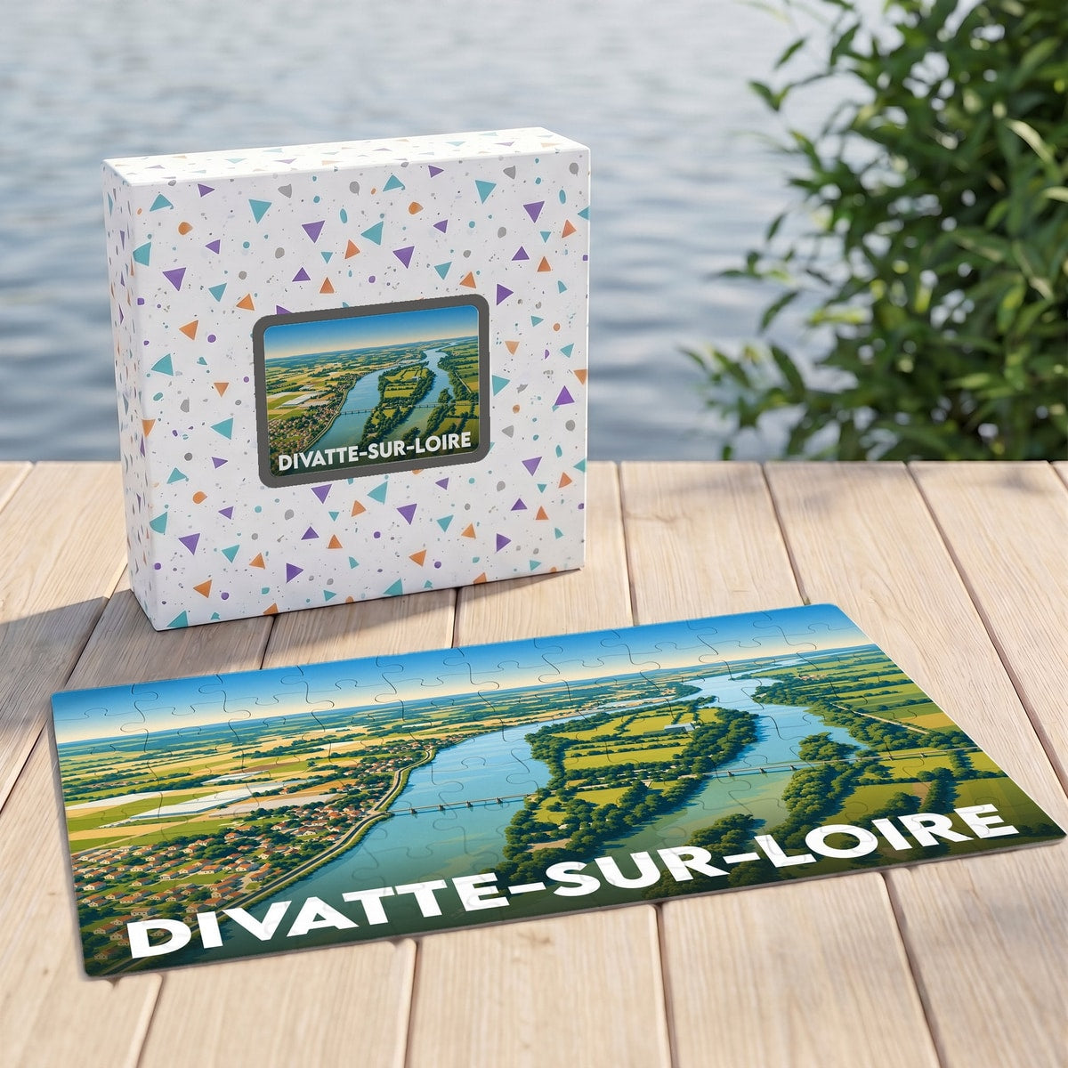 Puzzle souvenir de la ville de Divatte-sur-Loire avec une vue aérienne stylisée du fleuve et de ses rives.