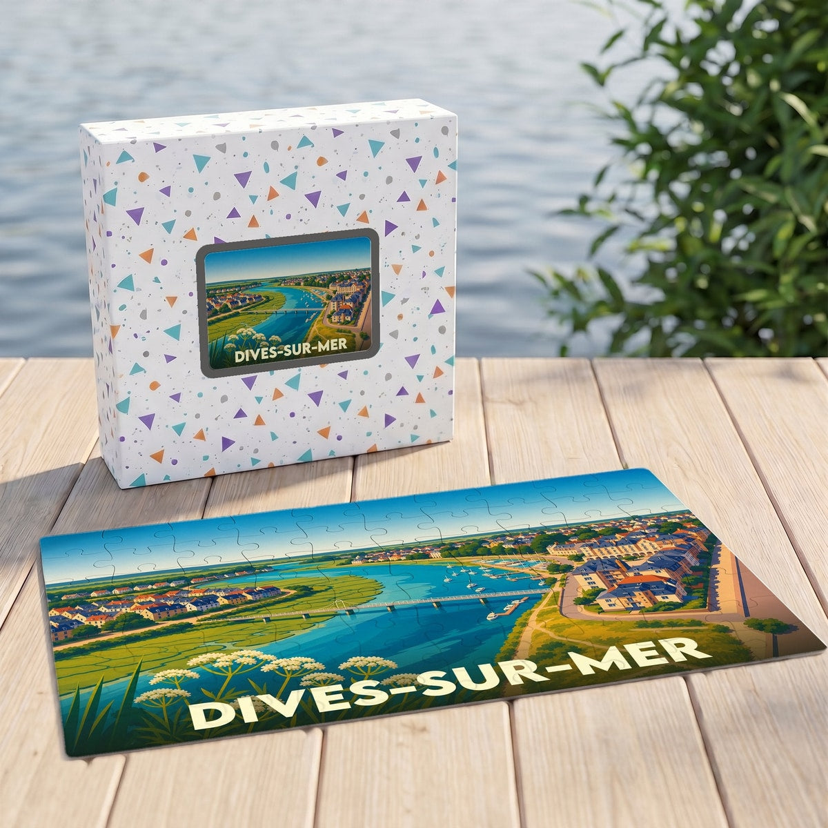 Puzzle souvenir de la ville de Dives-sur-Mer avec une illustration stylisée et colorée.