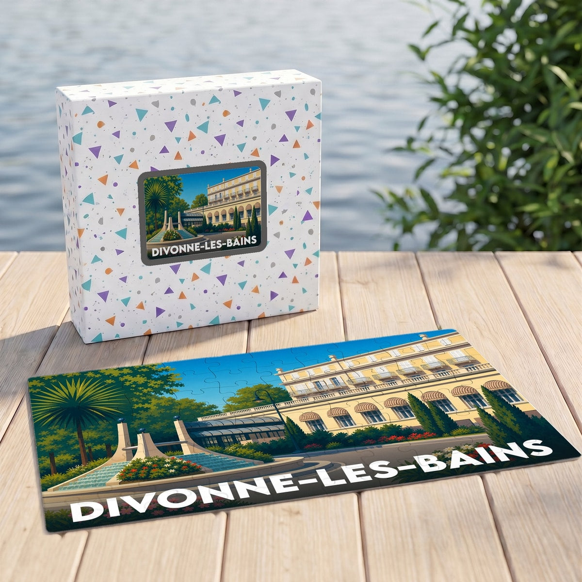 Puzzle souvenir de la ville de Divonne-les-Bains avec une illustration stylisée de son architecture et de ses jardins.