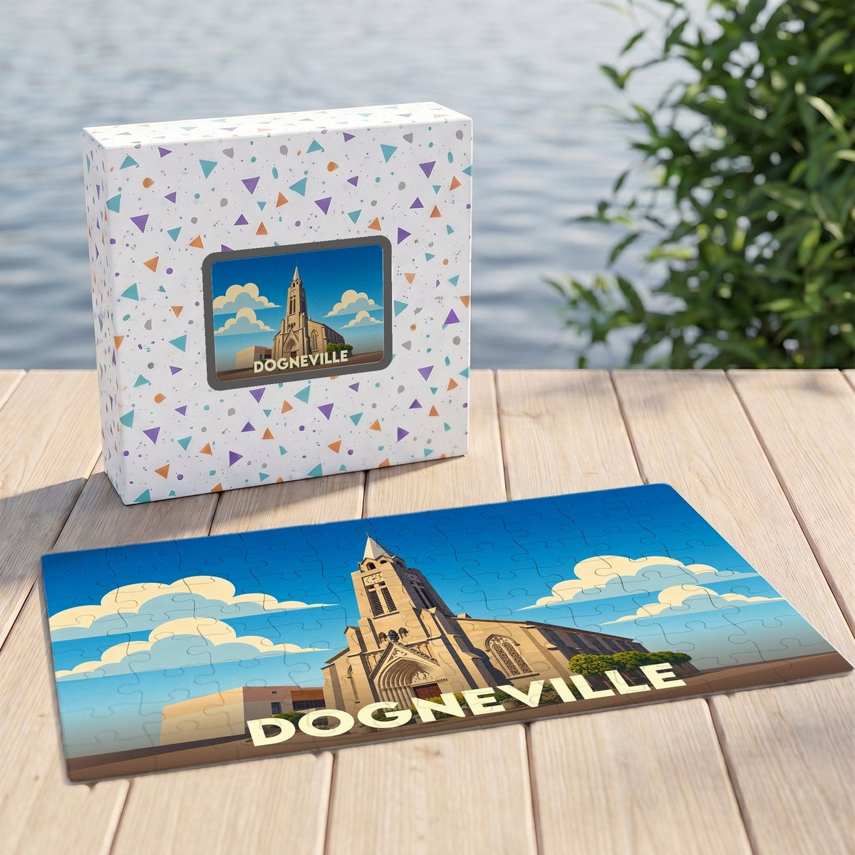 Puzzle souvenir de la ville de Dogneville avec une illustration stylisée d'une église.