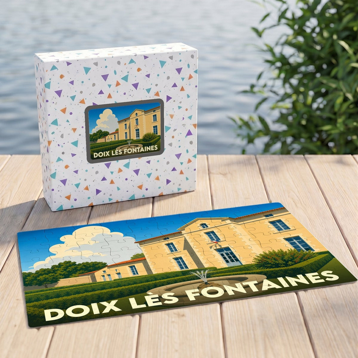 Puzzle souvenir de la ville de Doix lès Fontaines illustré d'un manoir sous un ciel ensoleillé.