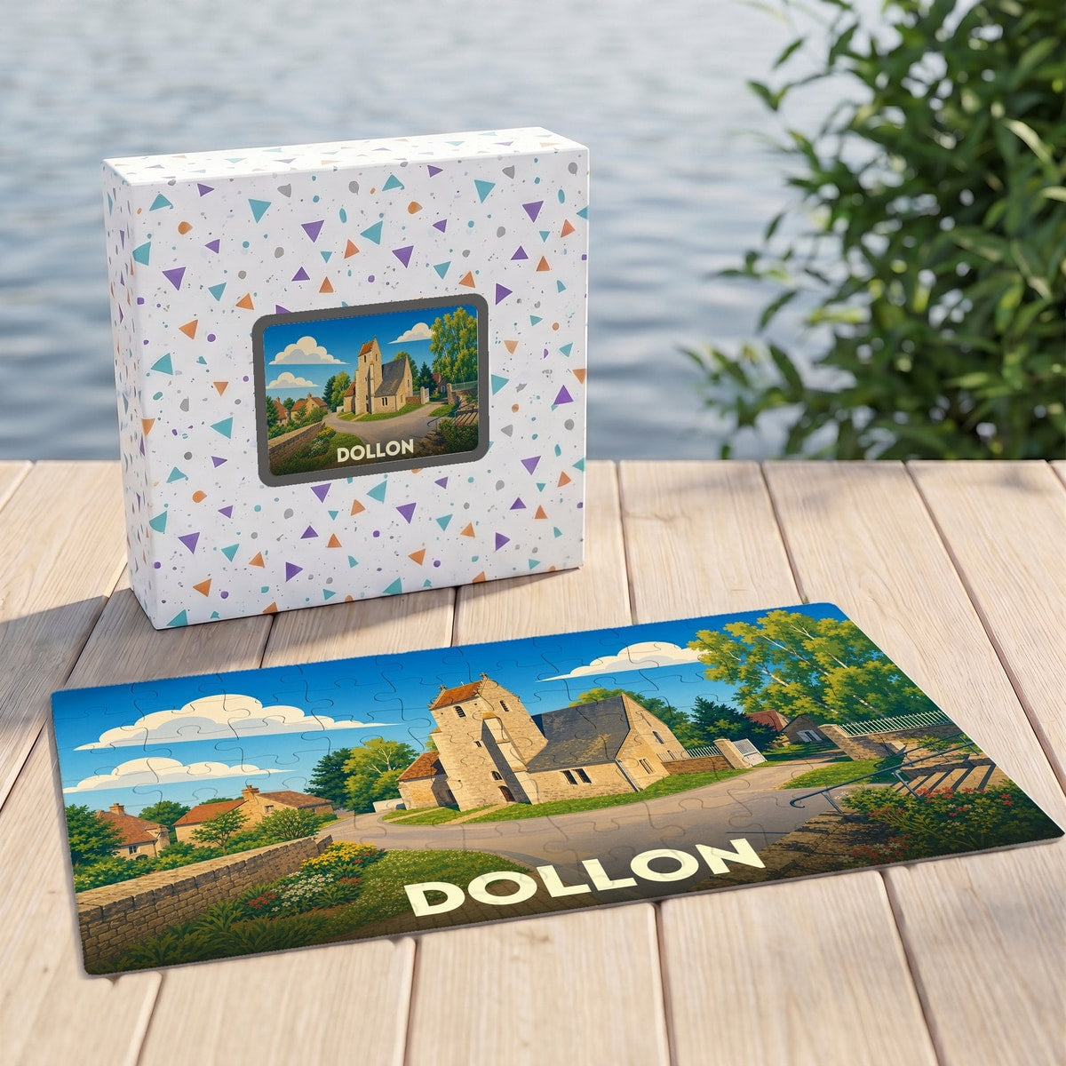 Puzzle souvenir de la ville de Dollon illustrant une église de campagne sous un ciel bleu.