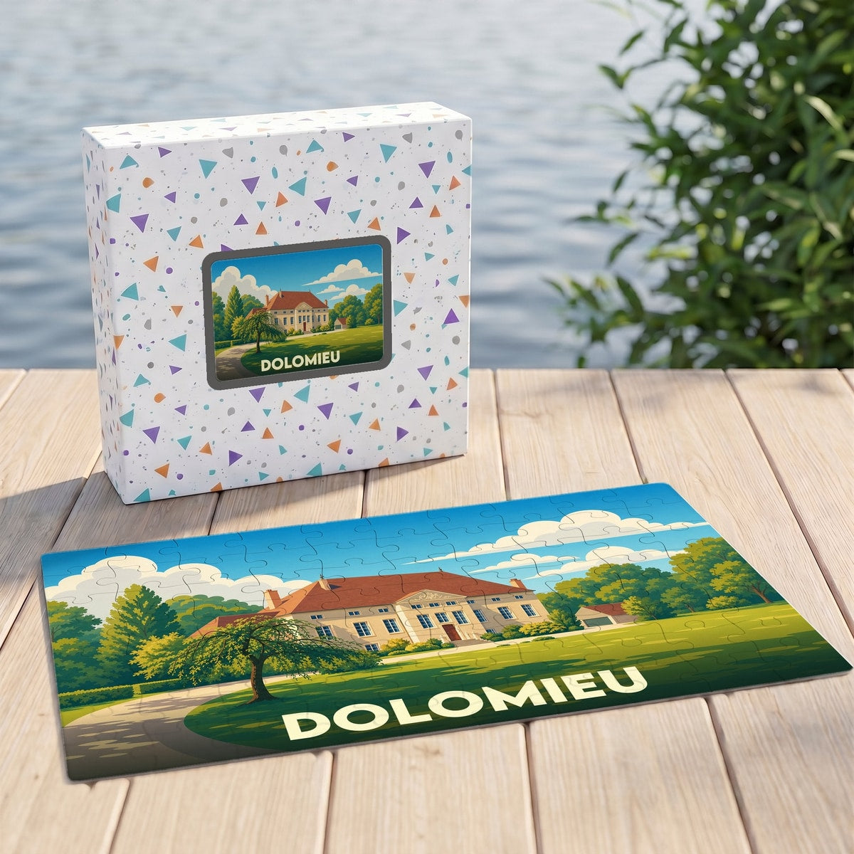 Puzzle souvenir de la ville de Dolomieu avec une illustration stylisée d'un manoir.