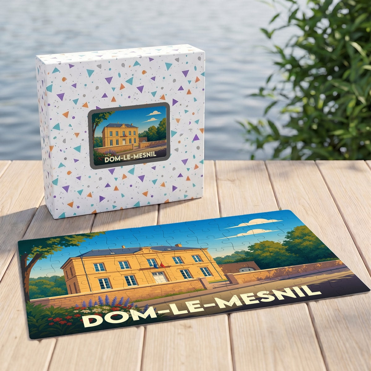 Puzzle souvenir de la ville de Dom-le-Mesnil avec une illustration stylisée de son architecture.