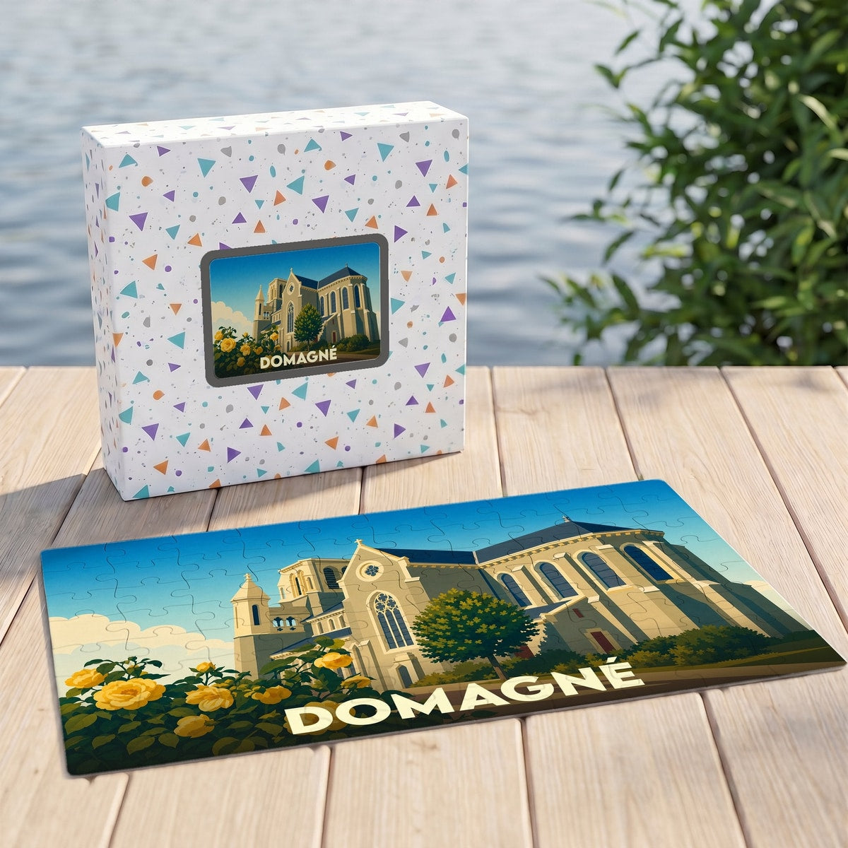 Puzzle souvenir de la ville de Domagné avec une illustration stylisée de son église.