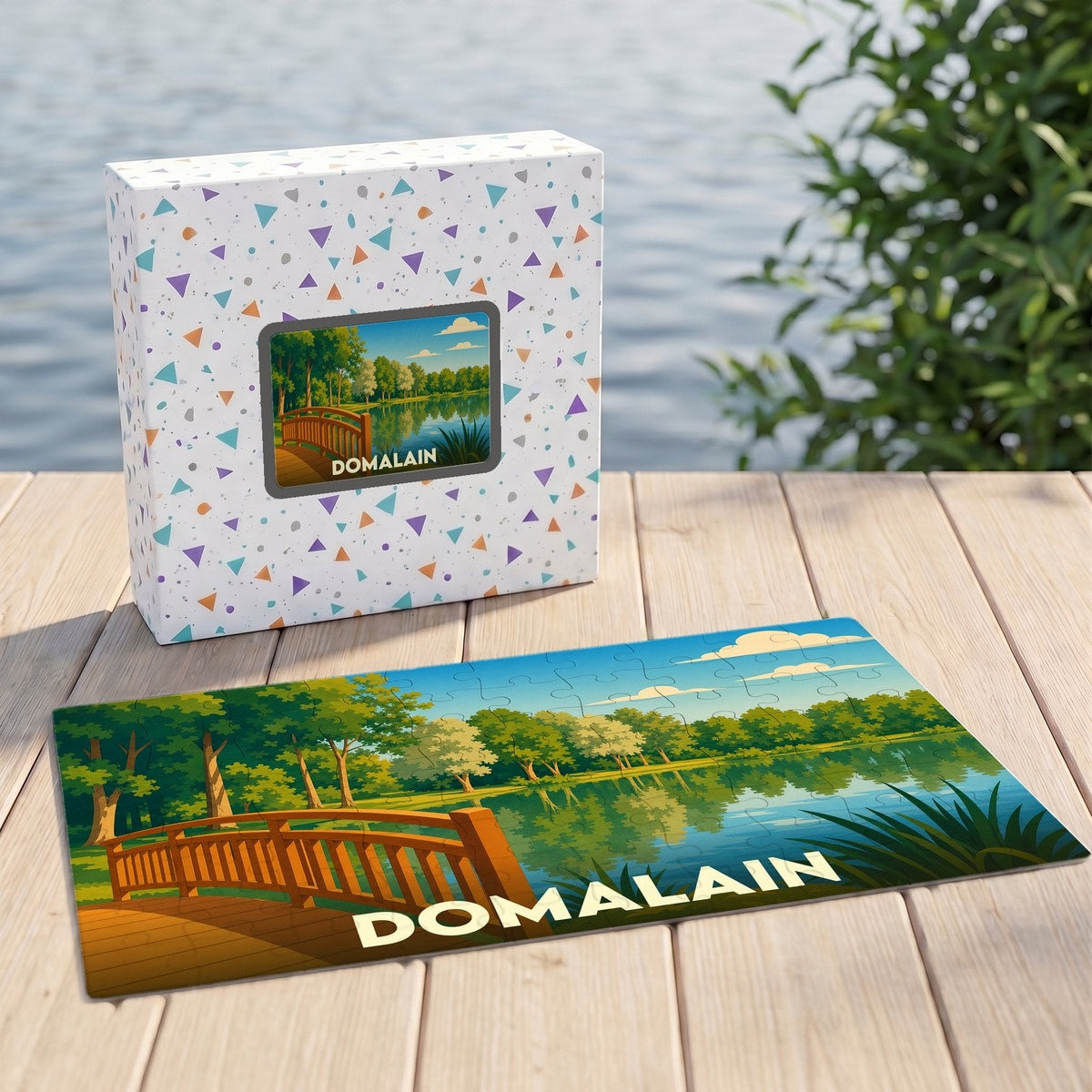 Puzzle souvenir de la ville de Domalain illustrant un pont en bois au bord d'un étang.