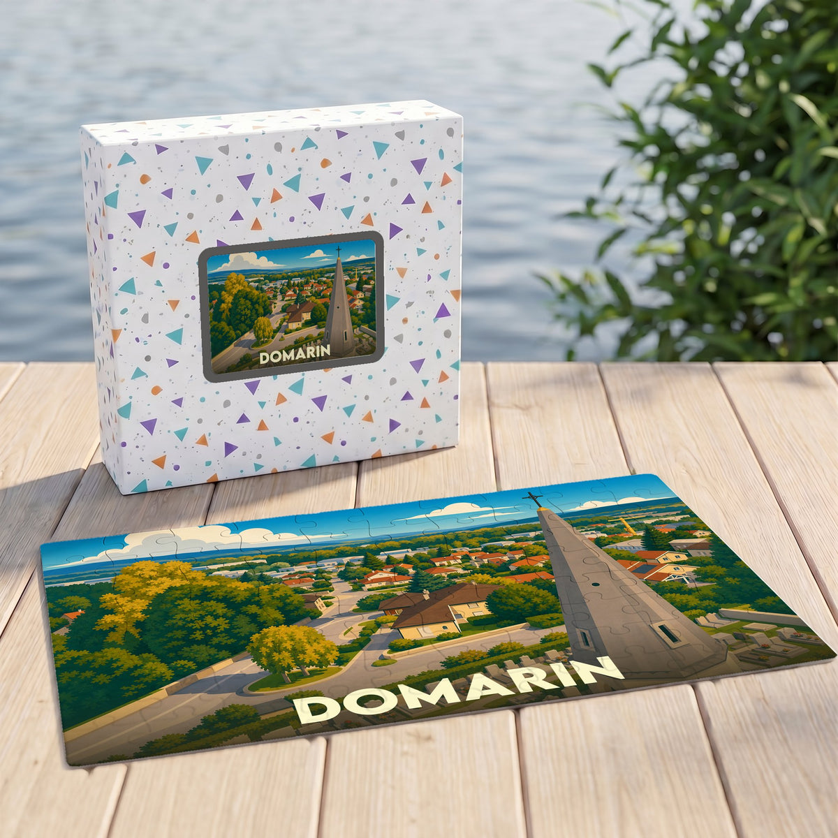 Puzzle souvenir de la ville de Domarin avec une illustration stylisée montrant une vue panoramique et son église.