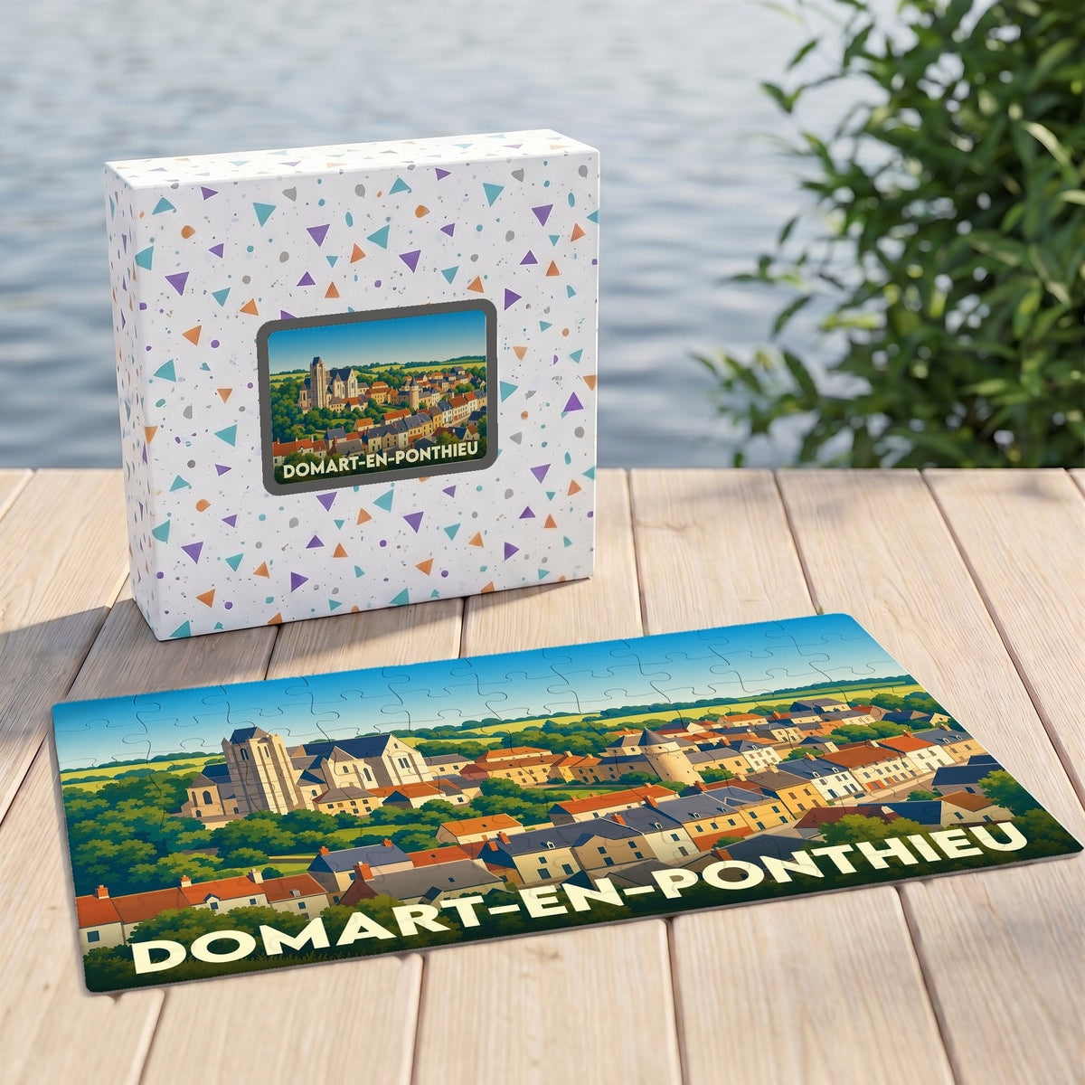 Puzzle souvenir de la ville de Domart-en-Ponthieu avec une illustration panoramique stylisée.