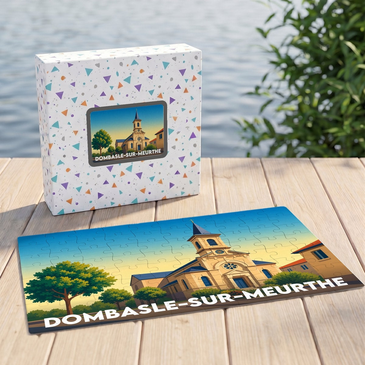 Puzzle souvenir de la ville de Dombasle-sur-Meurthe avec une illustration stylisée de son église.
