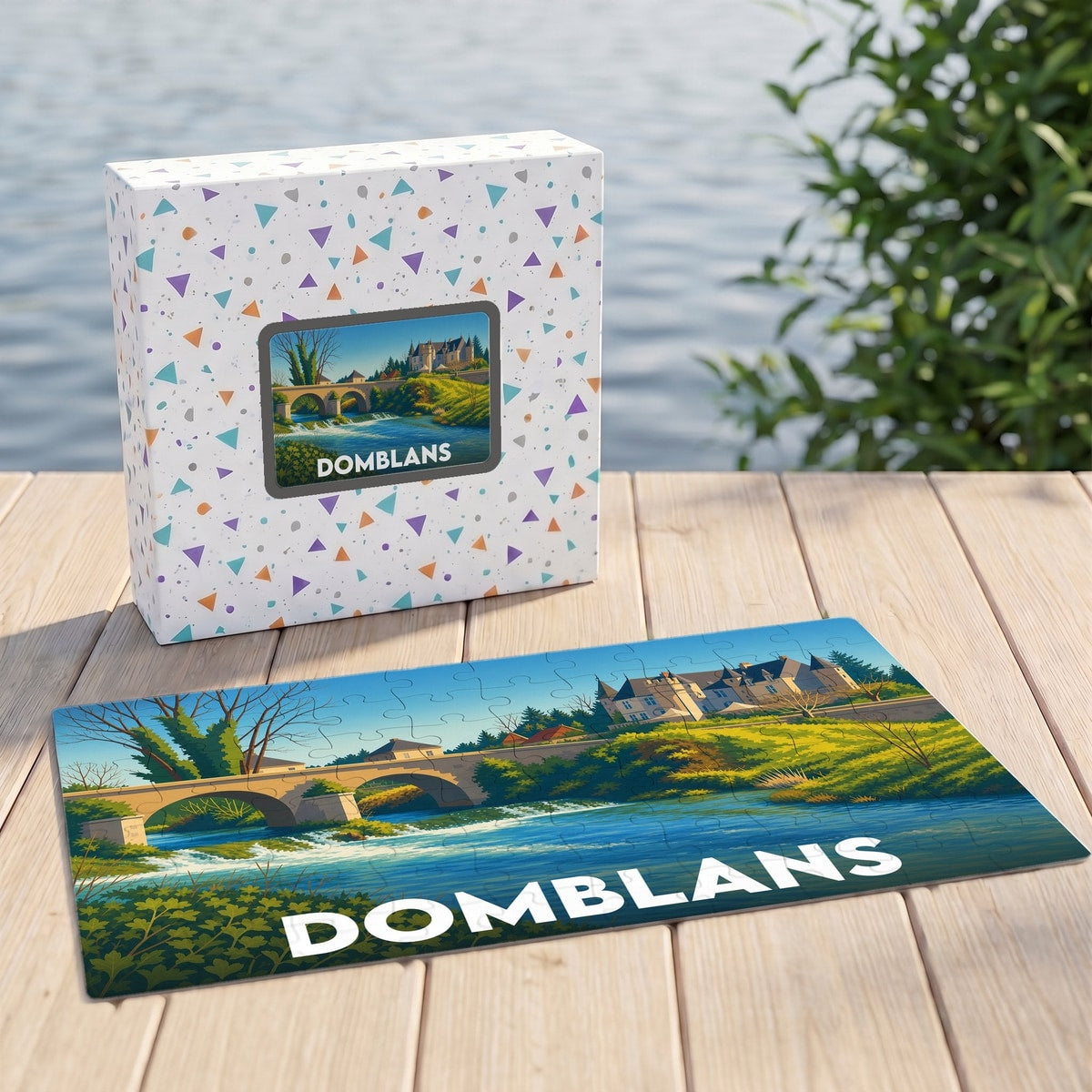 Puzzle souvenir de la ville de Domblans avec une illustration stylisée représentant un pont et un château au bord de l'eau.