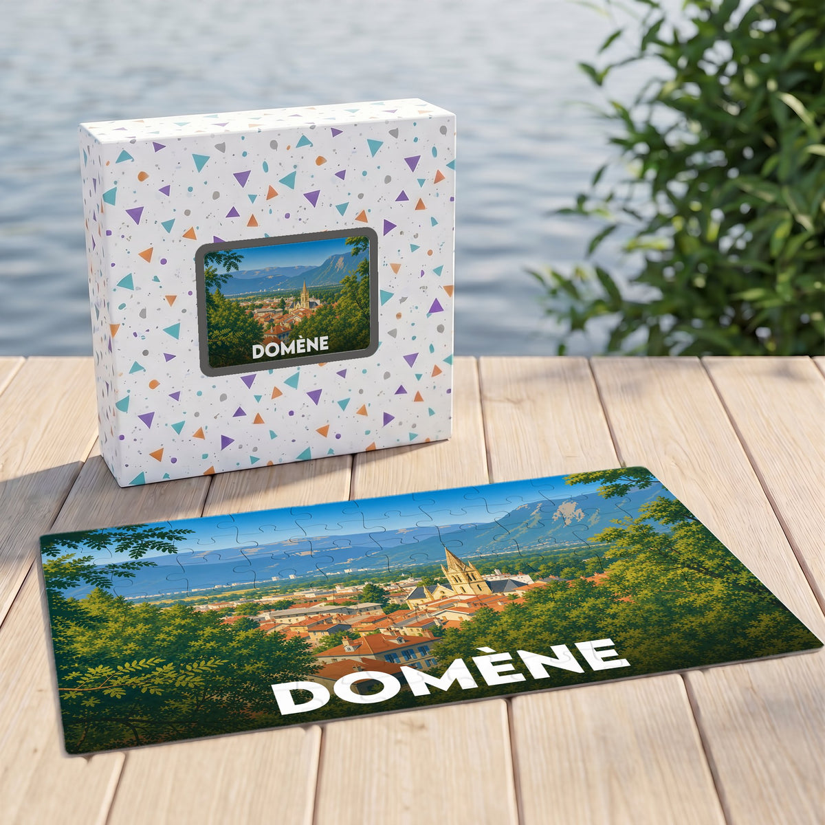 Puzzle souvenir de la ville de Domène représentant un paysage panoramique illustré.