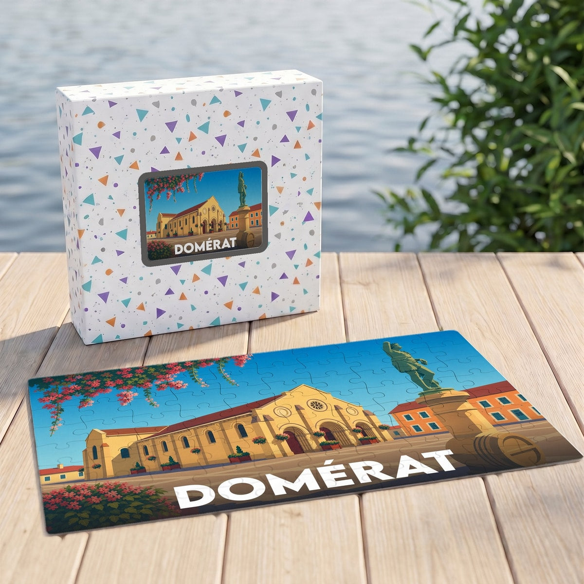 Puzzle souvenir de la ville de Domérat avec une illustration stylisée.