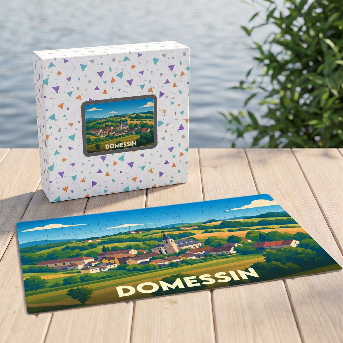 Puzzle souvenir de la ville de Domessin avec une illustration de paysage champêtre.