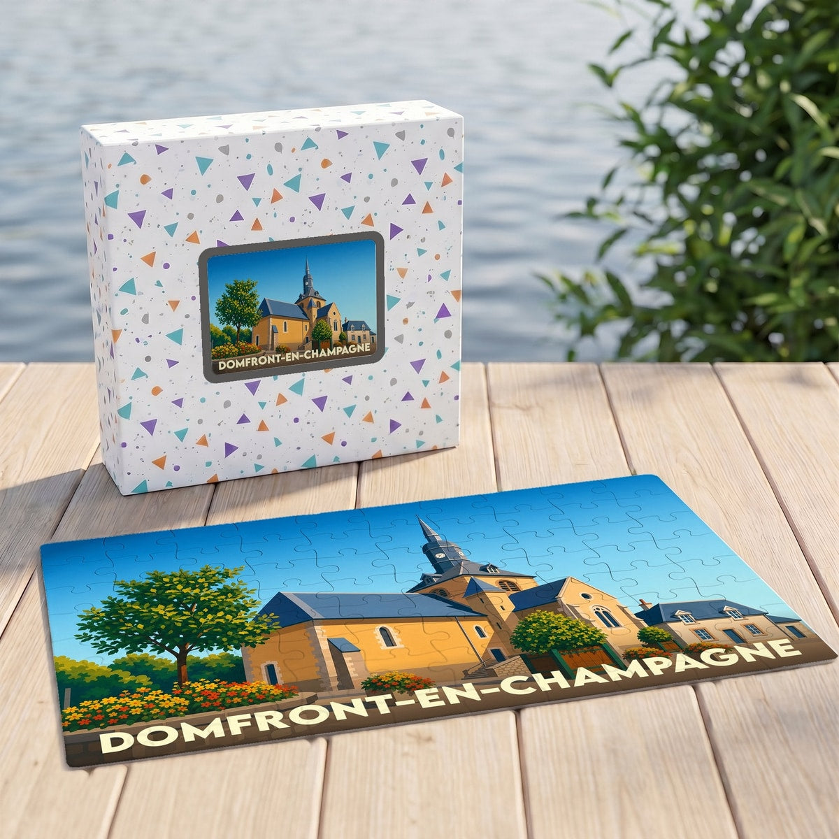 Puzzle souvenir de la ville de Domfront-en-Champagne avec une illustration stylisée de son église.