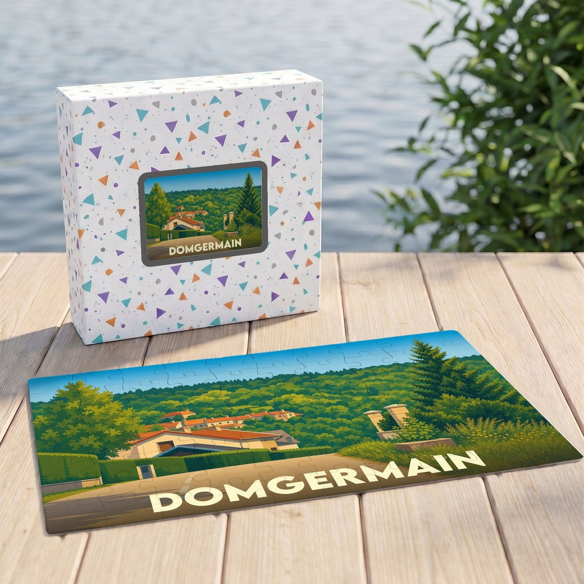 Puzzle souvenir de la ville de Domgermain avec une illustration stylisée d'un paysage verdoyant.