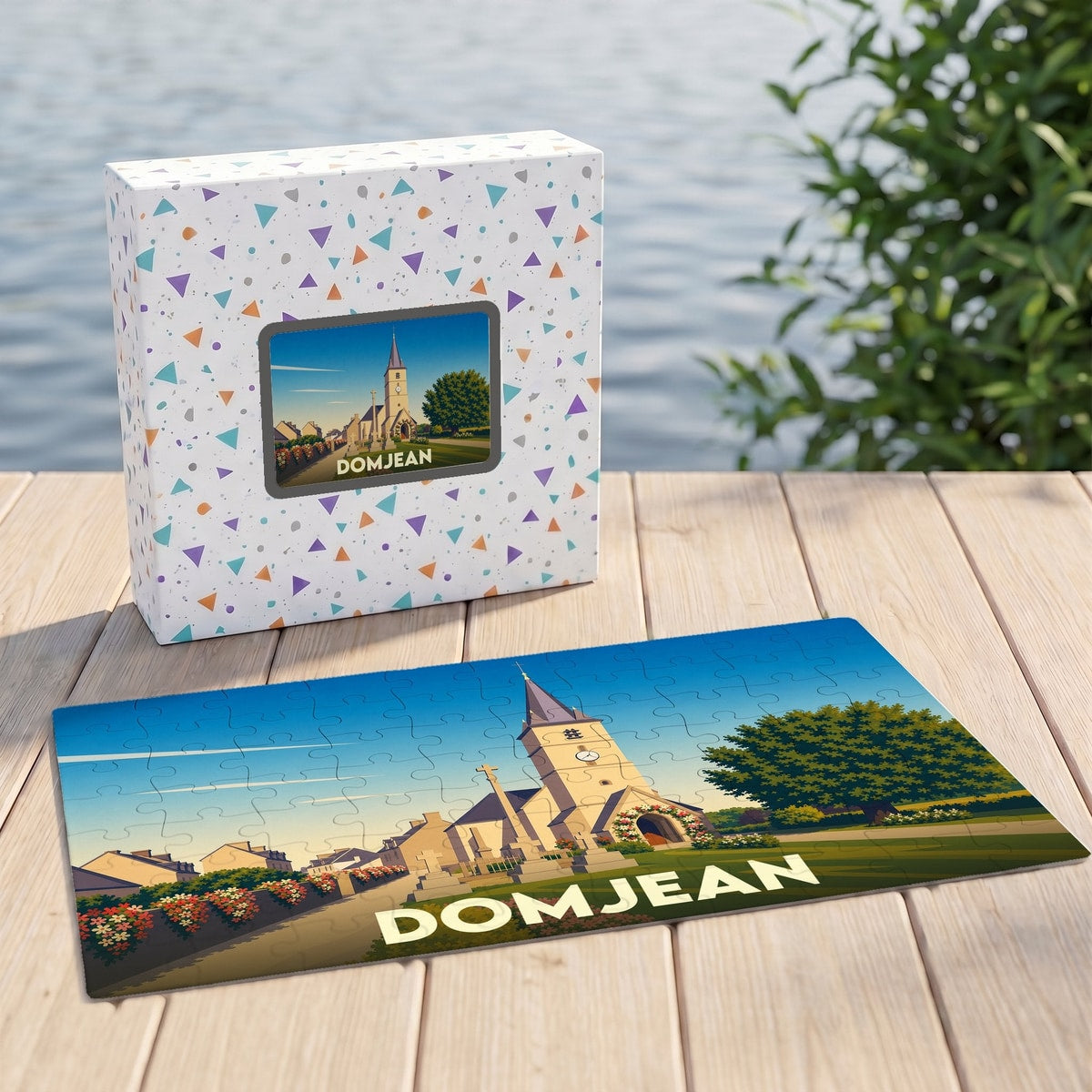 Puzzle souvenir de la ville de Domjean avec une illustration stylisée de son église et de ses paysages.