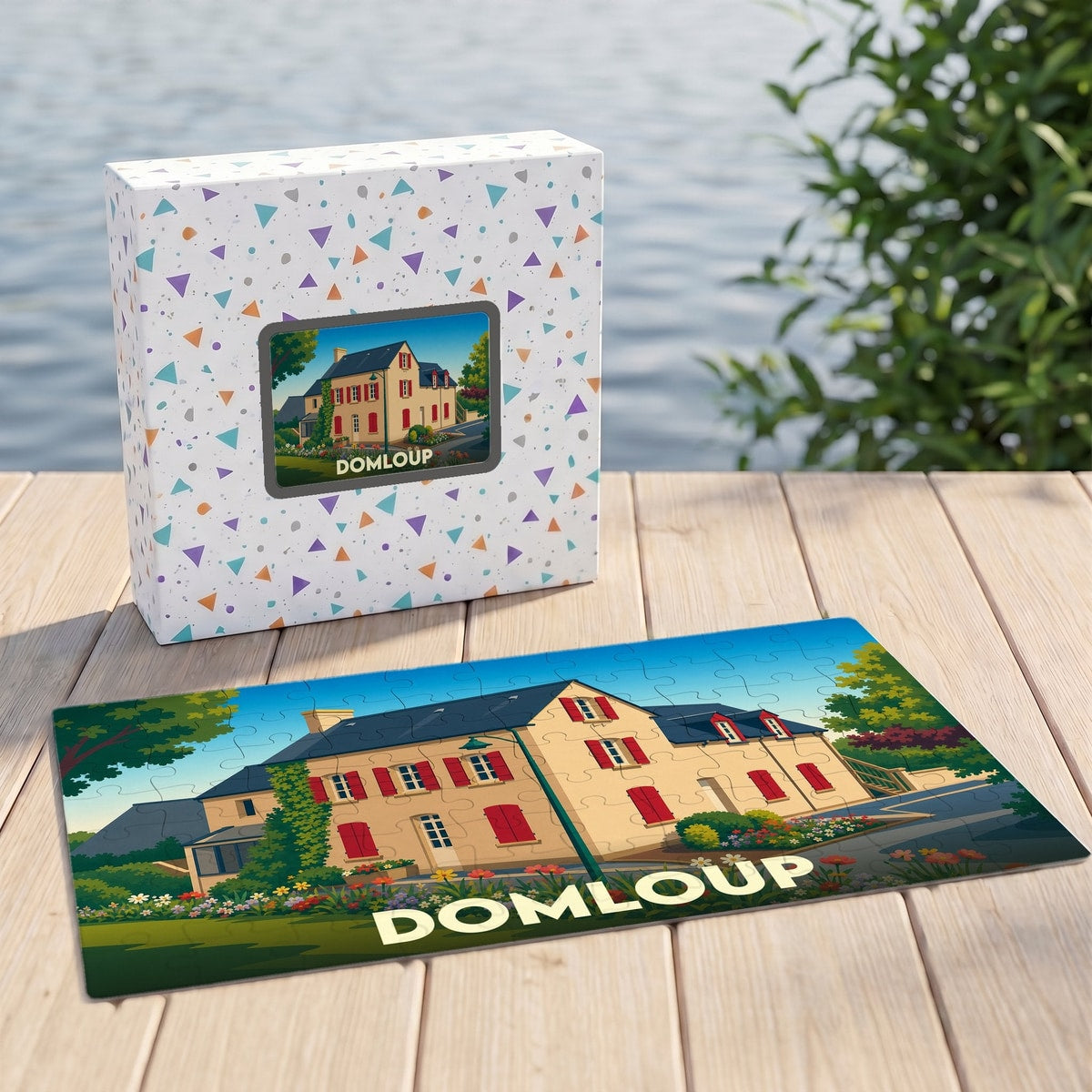 Puzzle souvenir de la ville de Domloup avec une illustration stylisée d'une maison traditionnelle bretonne.