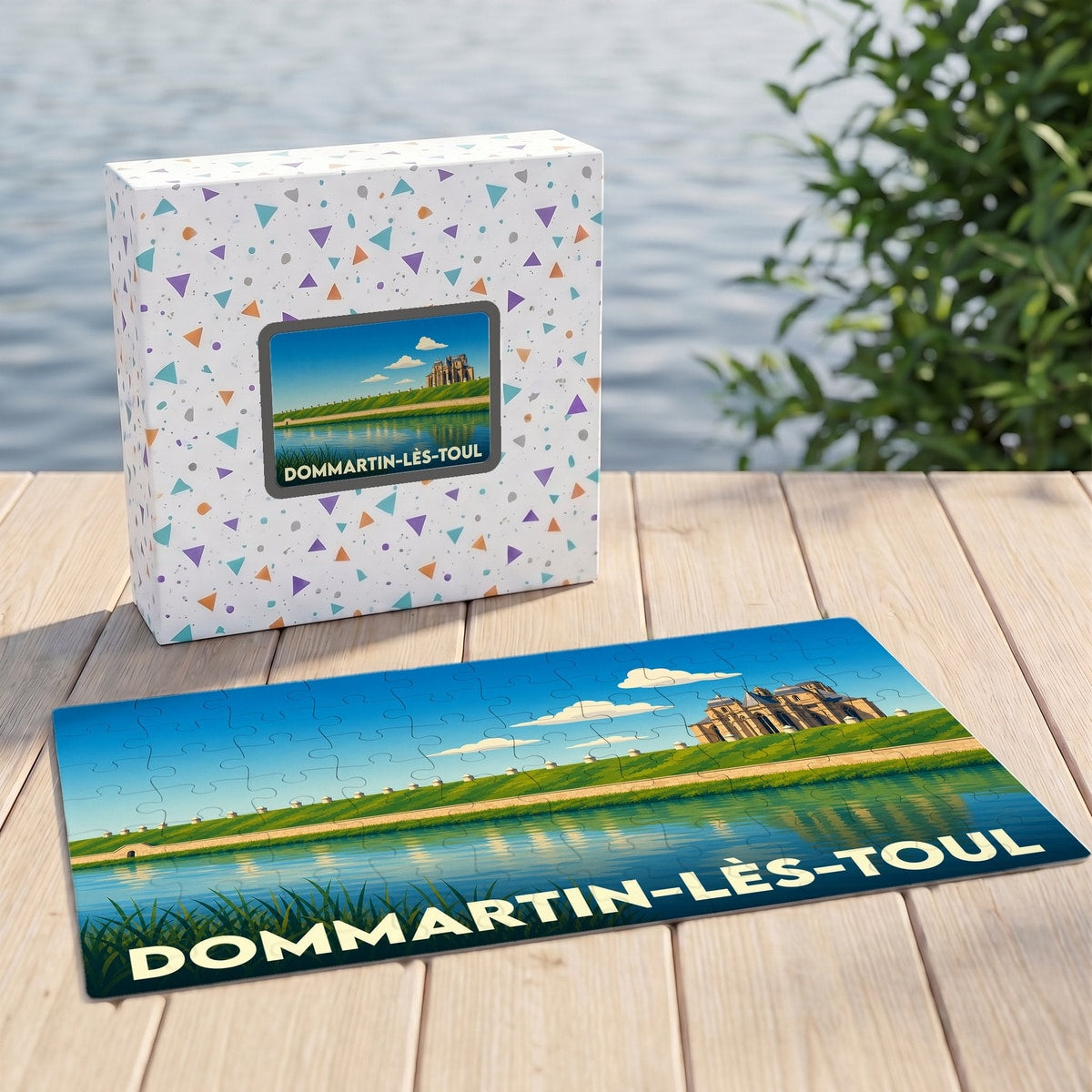Puzzle souvenir de la ville de Dommartin-lès-Toul avec une illustration stylisée d'un monument au bord de l'eau.
