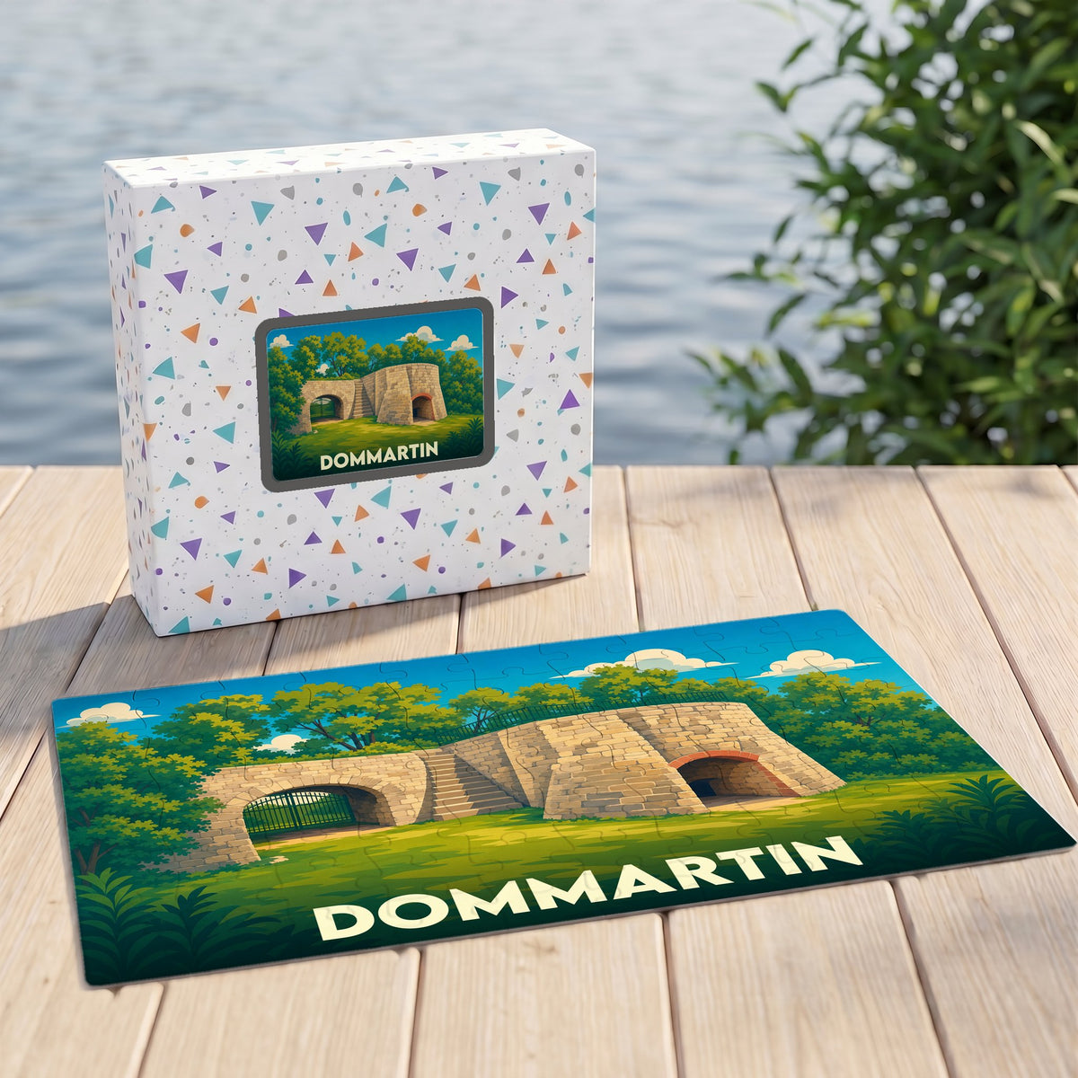 Puzzle souvenir de la ville de Dommartin avec une illustration stylisée d'un monument historique en pierre.