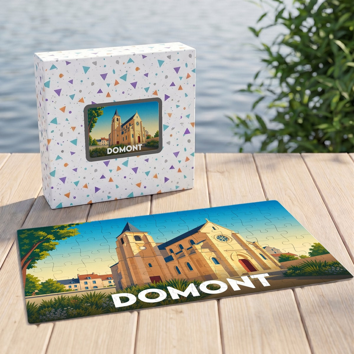 Puzzle souvenir de la ville de Domont avec une illustration stylisée d'une église locale.