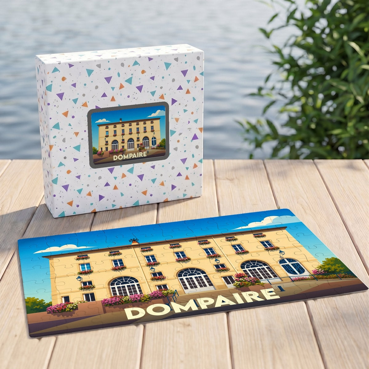 Puzzle souvenir de la ville de Dompaire avec une illustration stylisée d'un bâtiment historique.