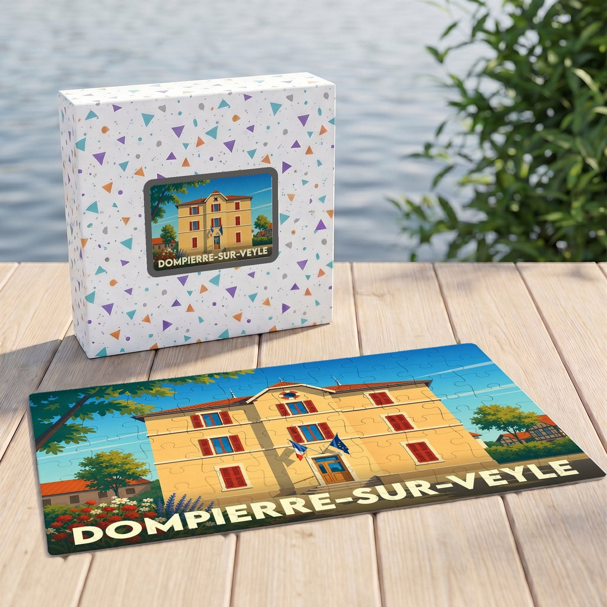 Puzzle souvenir de la ville de Dompierre-sur-Veyle avec une illustration stylisée de sa mairie.