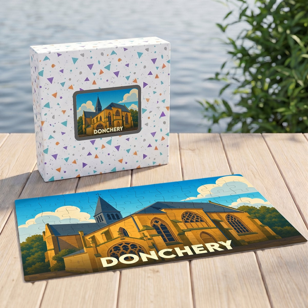 Puzzle souvenir de la ville de Donchery avec une illustration stylisée de son église.