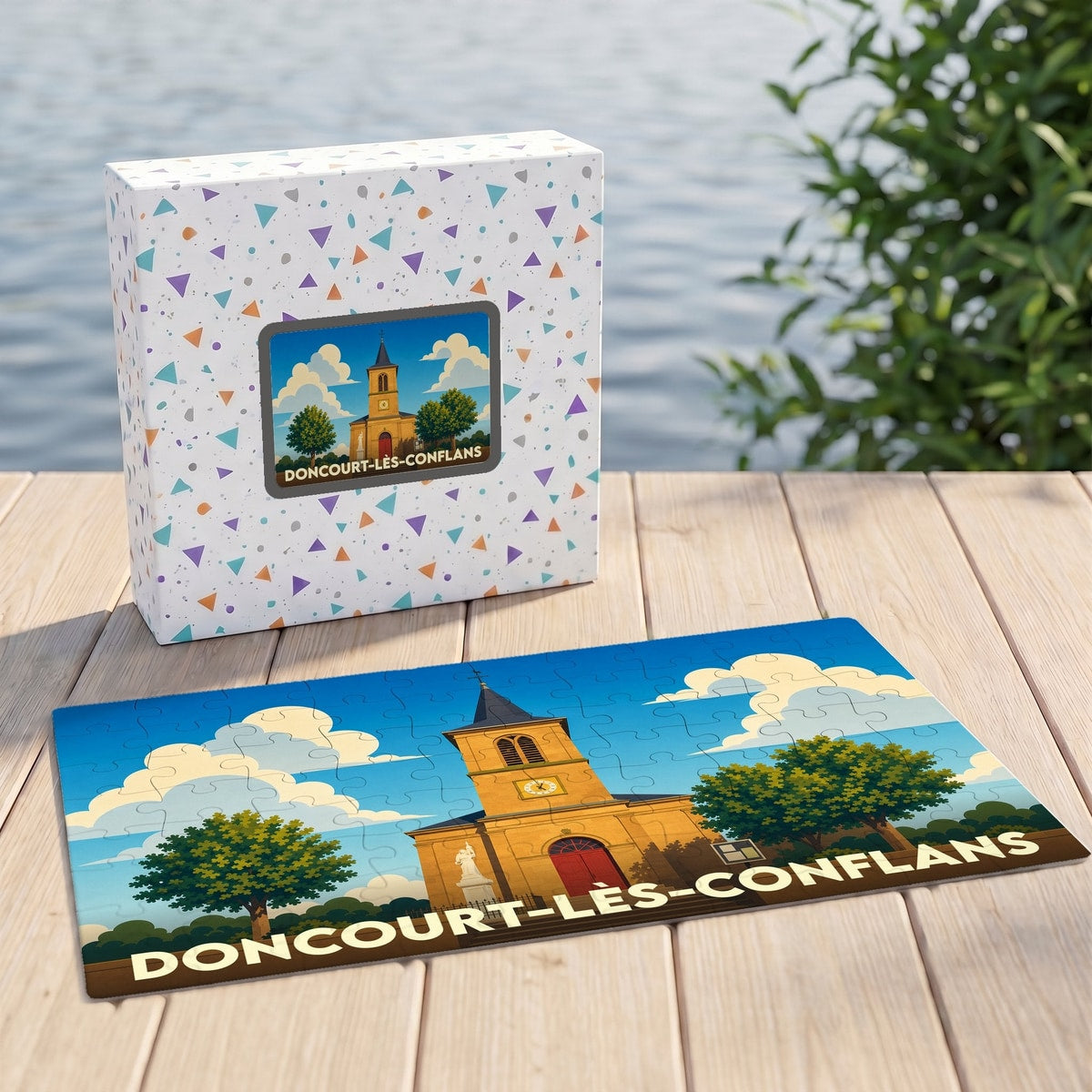 Puzzle souvenir de la ville de Doncourt-lès-Conflans avec une illustration stylisée de son église.