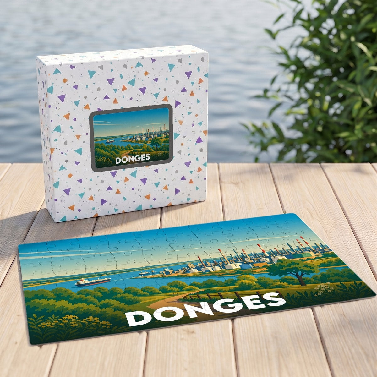 Puzzle souvenir de la ville de Donges avec une illustration stylisée d'un paysage industriel en bord d'eau.