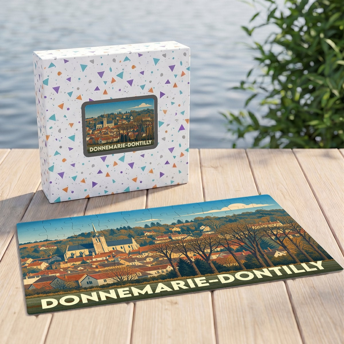 Puzzle souvenir de la ville de Donnemarie-Dontilly avec une illustration stylisée de son paysage urbain.