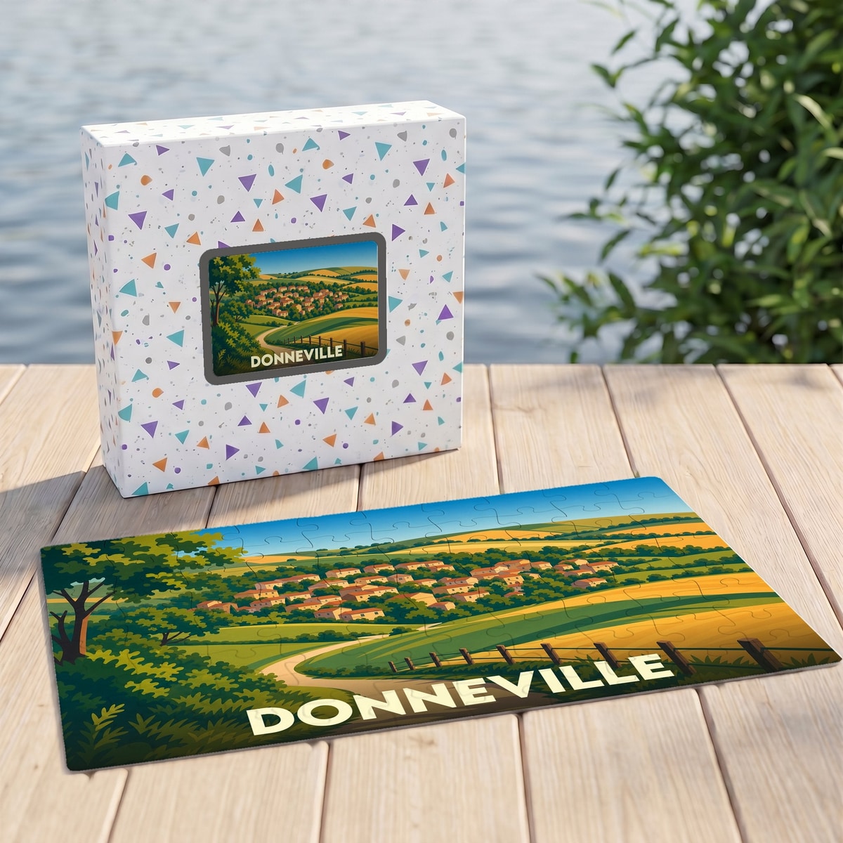 Puzzle souvenir de la ville de Donneville avec une illustration stylisée d'un paysage vallonné.