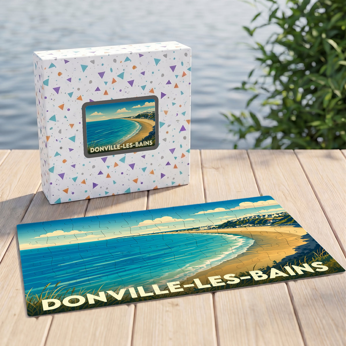 Puzzle souvenir de la ville de Donville-les-Bains avec une illustration stylisée de sa plage et de son littoral.