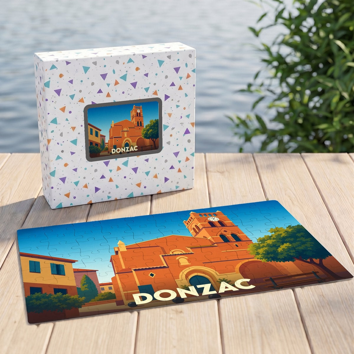 Puzzle souvenir de la ville de Donzac avec une illustration stylisée de son église colorée.