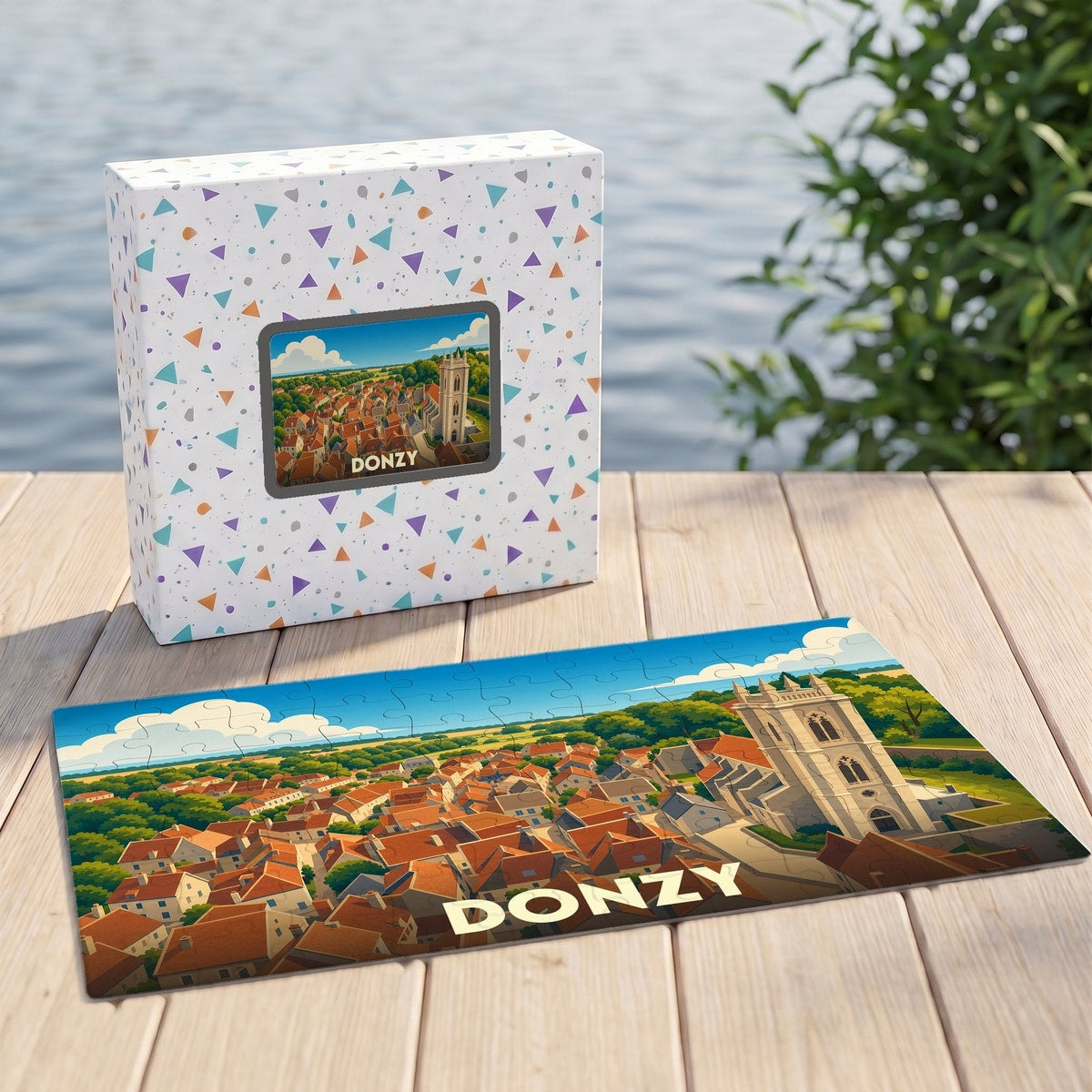 Puzzle souvenir de la ville de Donzy avec une illustration stylisée de ses toits et de son église.