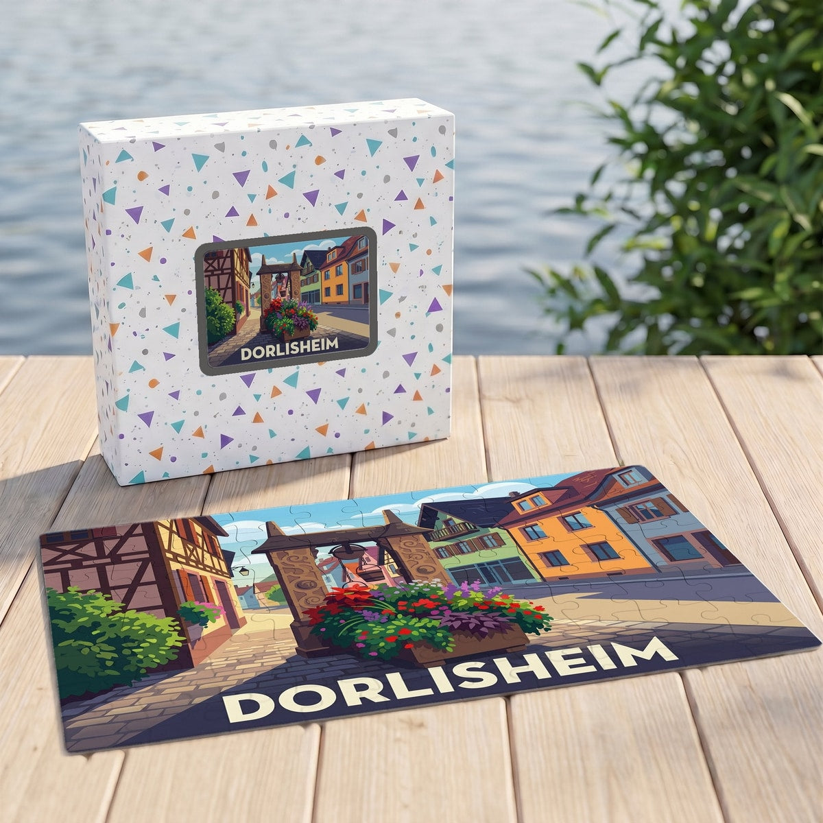 Puzzle souvenir de la ville de Dorlisheim avec une illustration stylisée d'une place fleurie et sa boîte assortie.