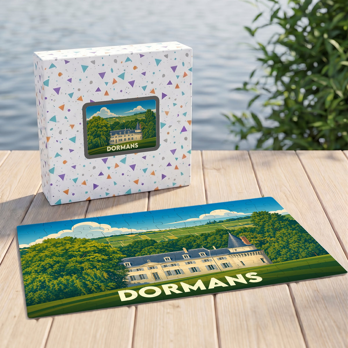 Puzzle souvenir de la ville de Dormans avec une illustration stylisée de son château.