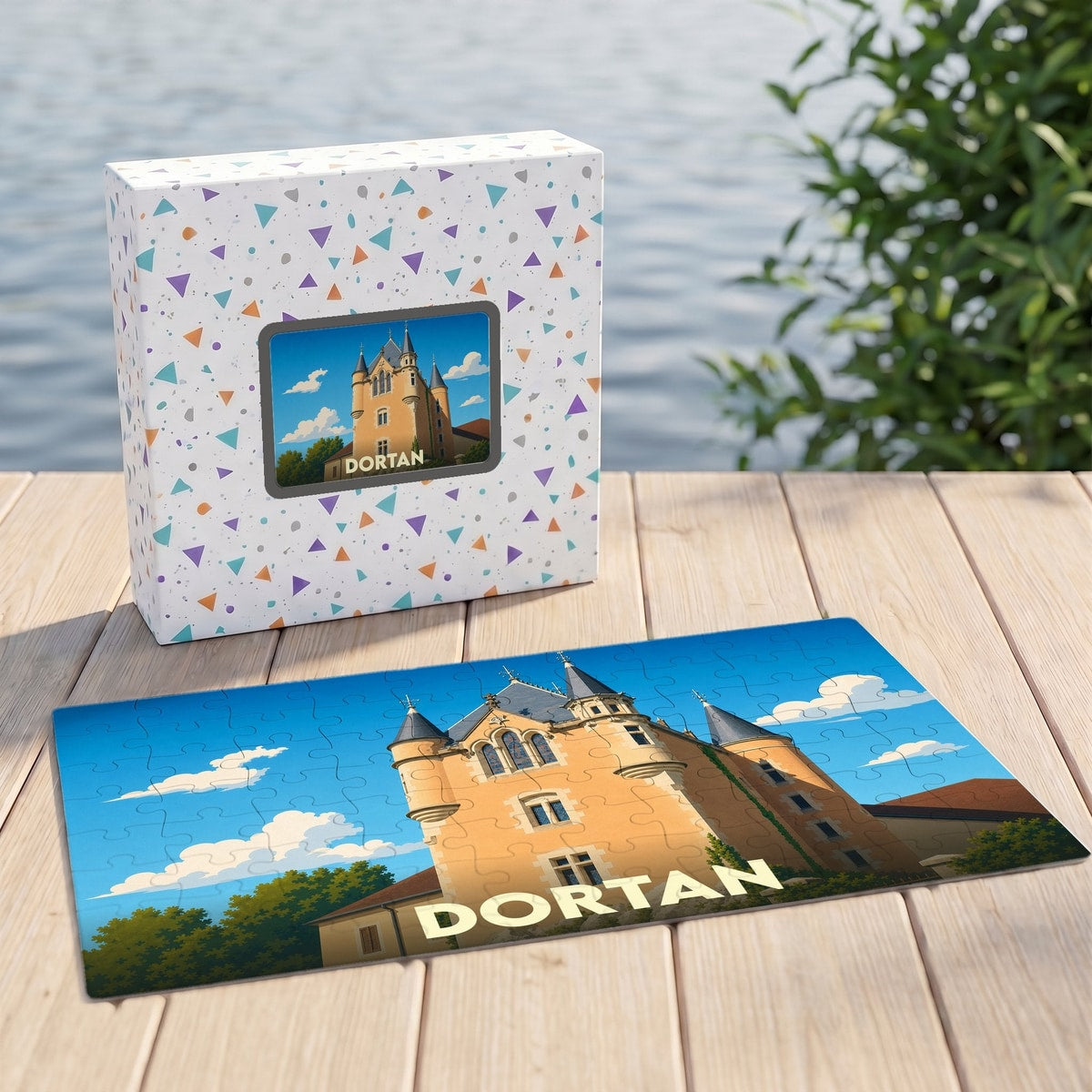 Puzzle souvenir de la ville de Dortan avec une illustration stylisée de son château.