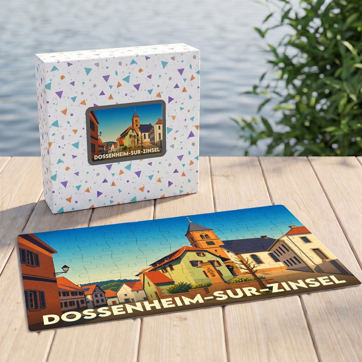 Puzzle souvenir de la ville de Dossenheim-sur-Zinsel avec une illustration colorée et stylisée de son église et de ses maisons.