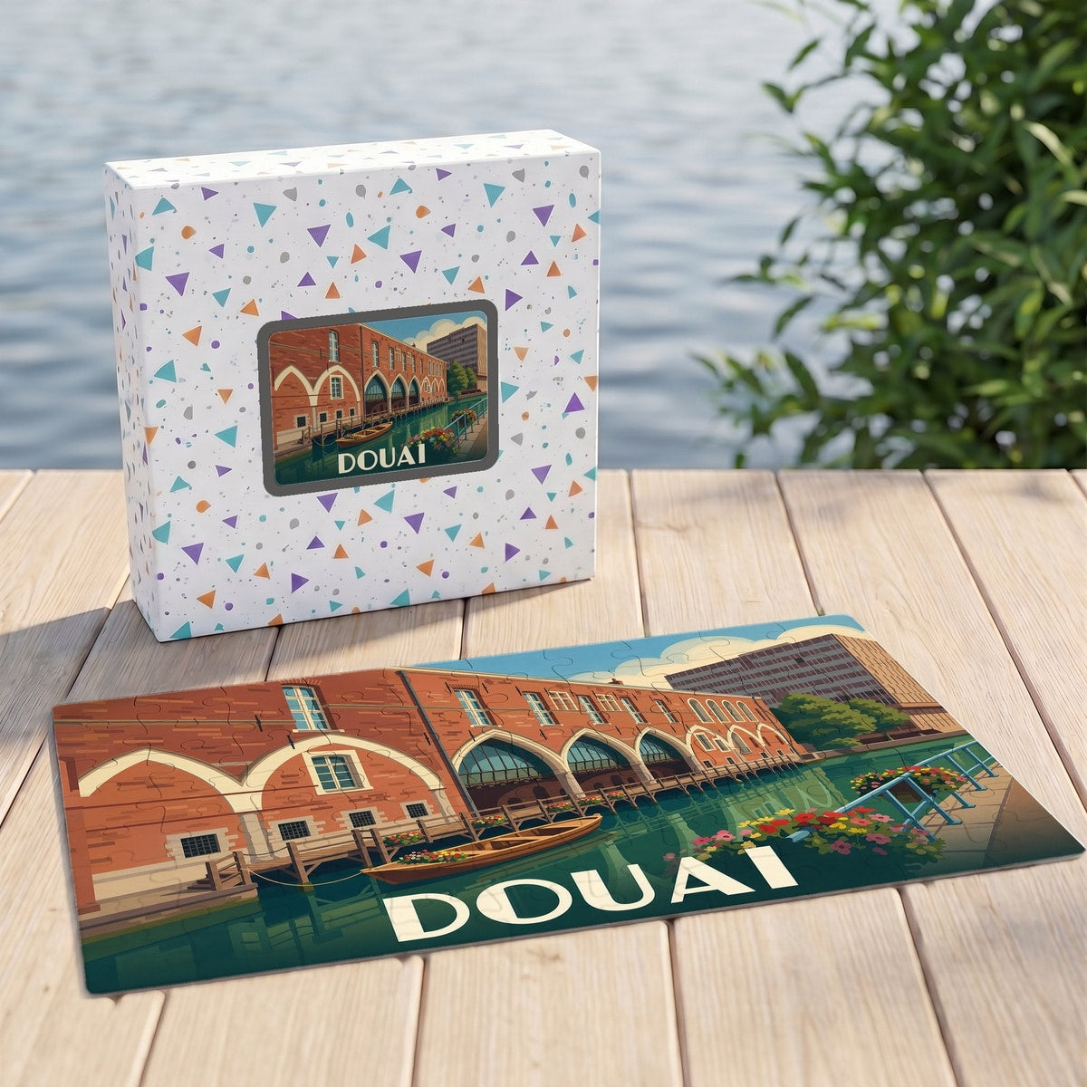 Puzzle souvenir de la ville de Douai avec une illustration stylisée d'un bâtiment au bord de l'eau.