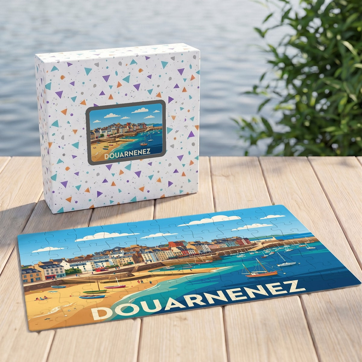 Puzzle souvenir de la ville de Douarnenez avec une illustration stylisée de son port et de sa plage.