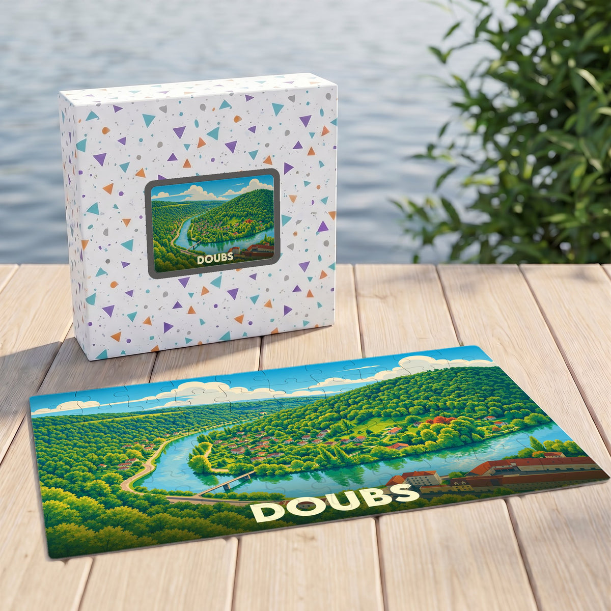 Puzzle souvenir du département du Doubs avec une illustration stylisée d'un paysage verdoyant et d'une rivière.