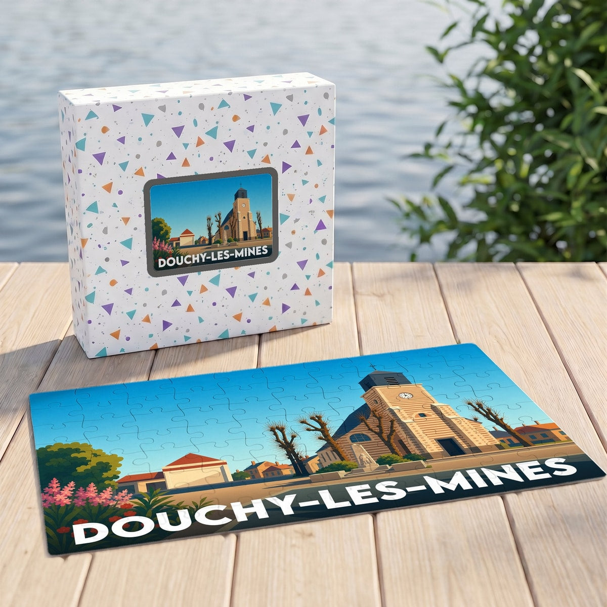 Puzzle souvenir de la ville de Douchy-les-Mines avec une illustration stylisée de son église.