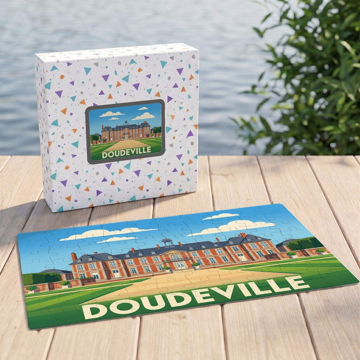 Puzzle souvenir de la ville de Doudeville avec une illustration stylisée d'un château.