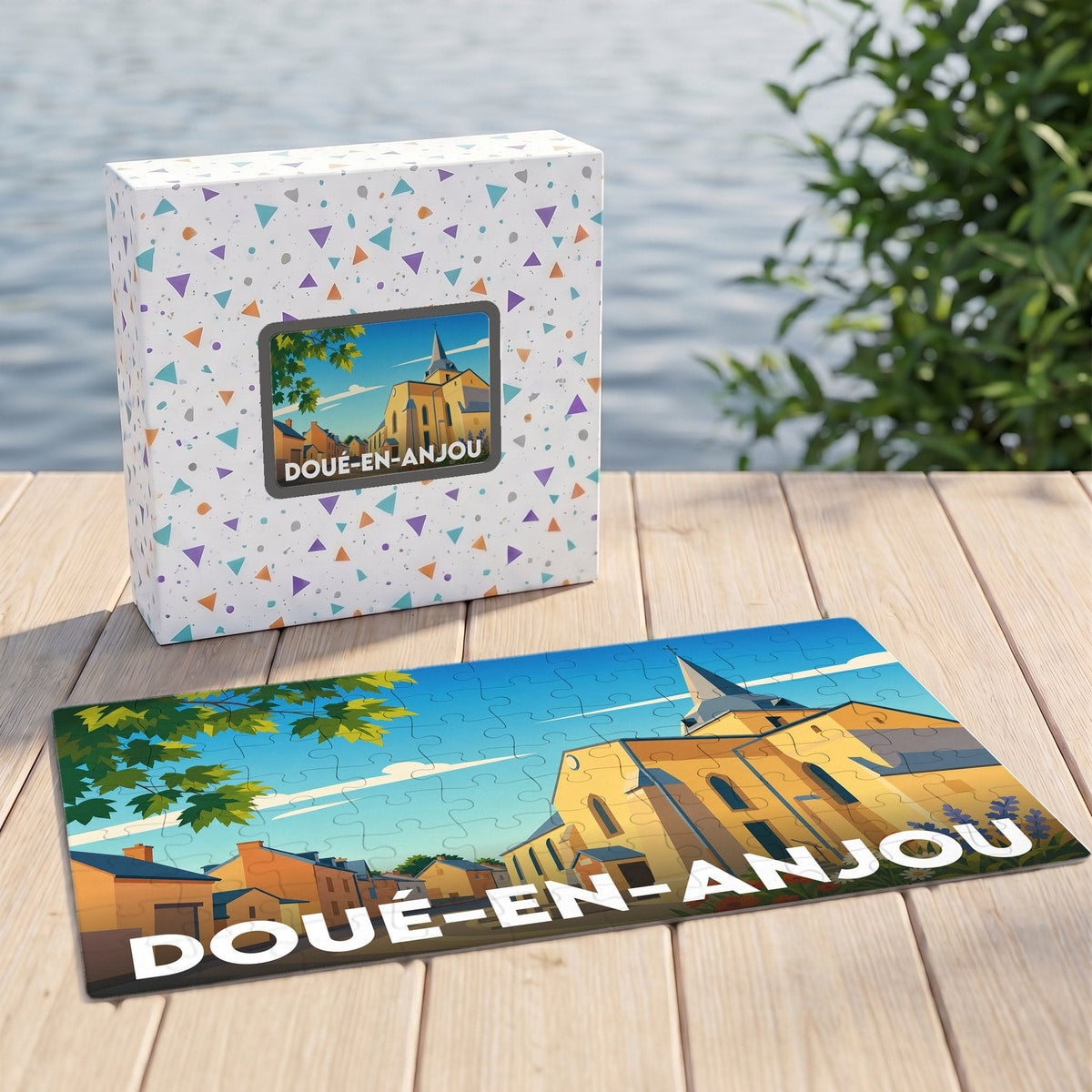 Puzzle souvenir de la ville de Doué-en-Anjou avec une illustration stylisée et colorée.