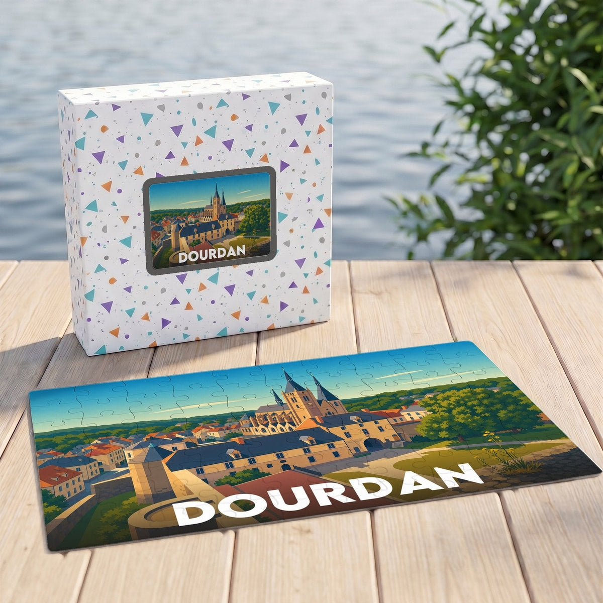 Puzzle souvenir de la ville de Dourdan avec une illustration panoramique stylisée.