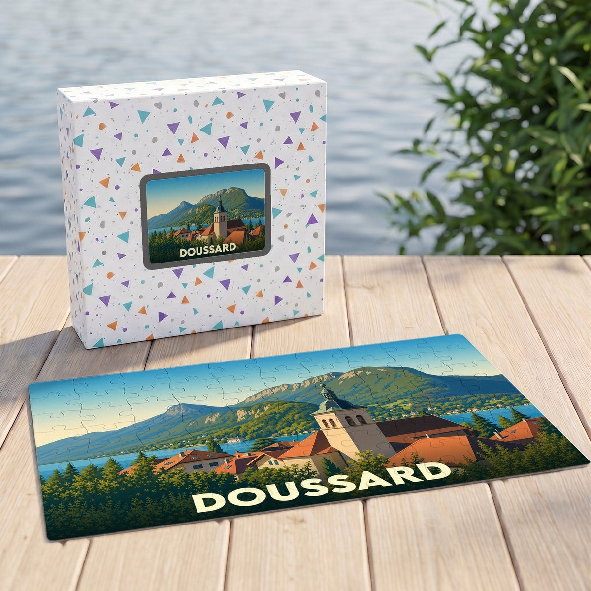 Puzzle souvenir de la ville de Doussard avec une illustration de son église et du lac.