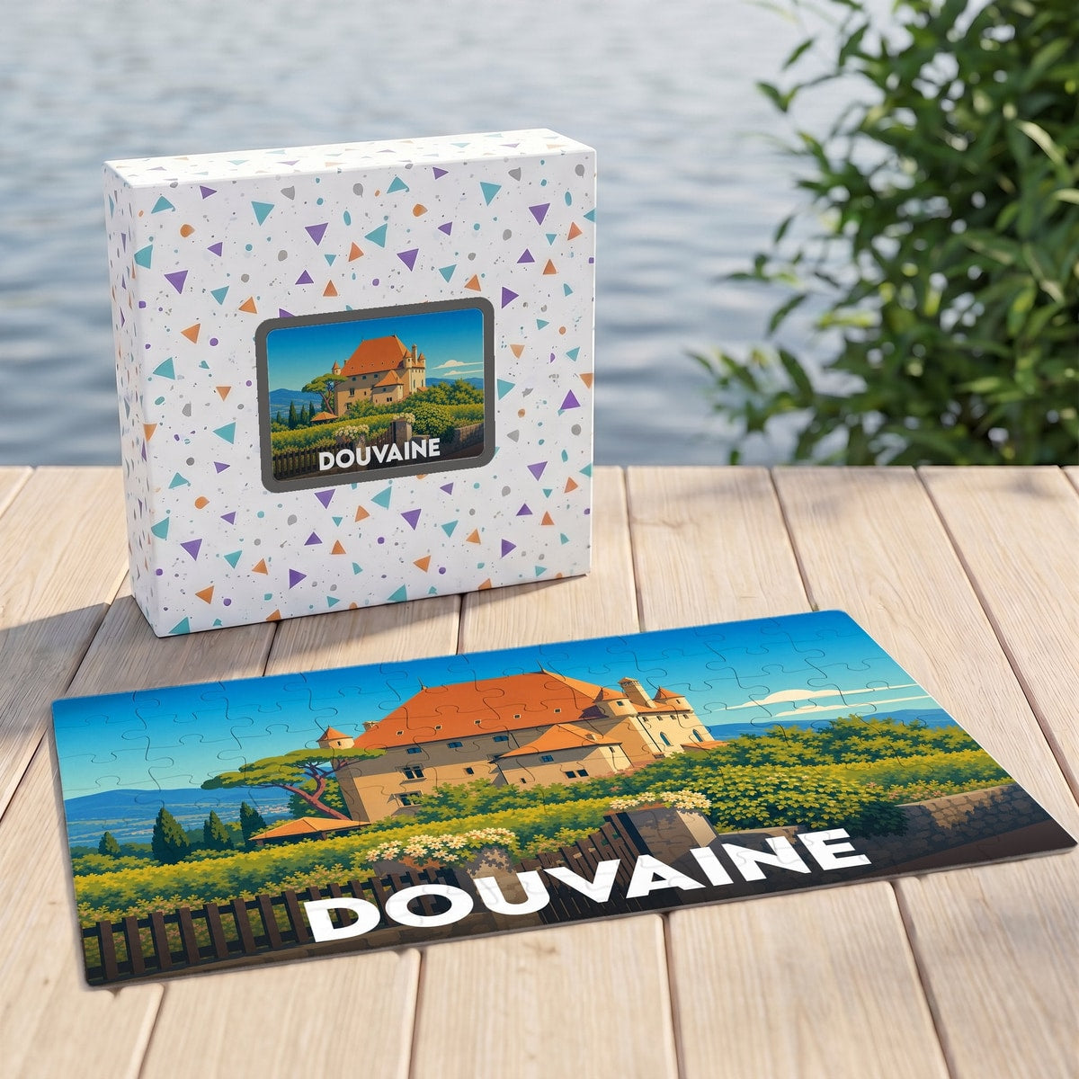 Puzzle souvenir de la ville de Douvaine avec une illustration stylisée d'un château.